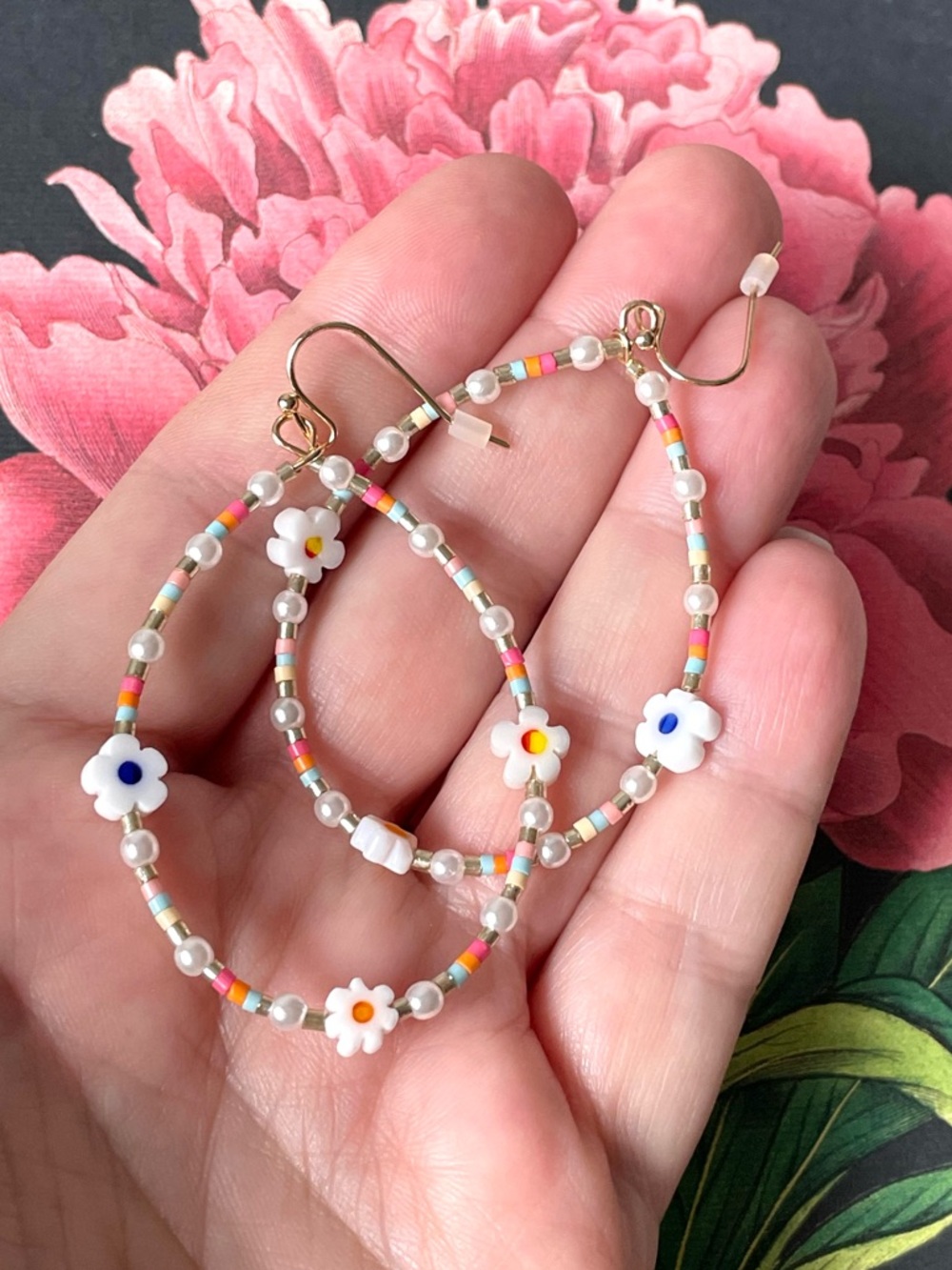 Cute beaded dangling teardrop hoop earrings colorful flowers Y2K